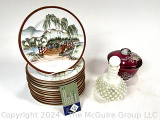 Fujiyama Yokohama Hand Painted Kutani Salad Plates, Hobnail Carafe and Etched Ruby Glass Candy Dish