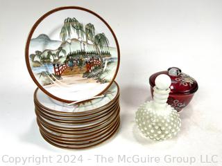 Fujiyama Yokohama Hand Painted Kutani Salad Plates, Hobnail Carafe and Etched Ruby Glass Candy Dish