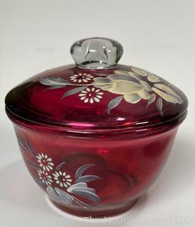 Fujiyama Yokohama Hand Painted Kutani Salad Plates, Hobnail Carafe and Etched Ruby Glass Candy Dish