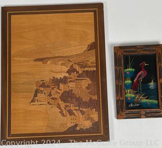 Italian Coast Vintage Inlaid Wood Marquetry Wall Art Italy Travel Plaque & Mexican Feather-Craft of Bird