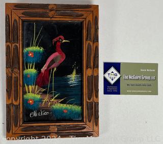 Italian Coast Vintage Inlaid Wood Marquetry Wall Art Italy Travel Plaque & Mexican Feather-Craft of Bird