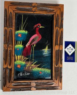 Italian Coast Vintage Inlaid Wood Marquetry Wall Art Italy Travel Plaque & Mexican Feather-Craft of Bird