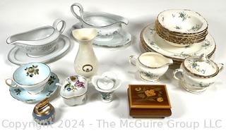 Mixed Group of Porcelain Dishware and Inlaid Wood Music Box