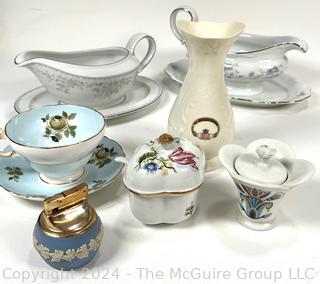 Mixed Group of Porcelain Dishware and Inlaid Wood Music Box