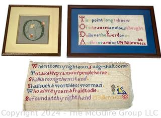 Two (2) Samplers, One Framed, and Needle Point Initial O Under Glass