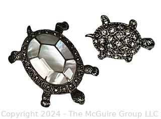 Two (2) Turtle Brooches, One Sterling Silver and Mother of Pearl 