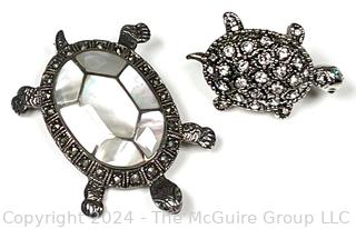 Two (2) Turtle Brooches, One Sterling Silver and Mother of Pearl 