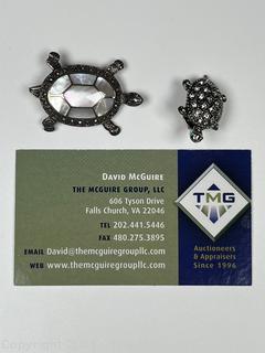 Two (2) Turtle Brooches, One Sterling Silver and Mother of Pearl 