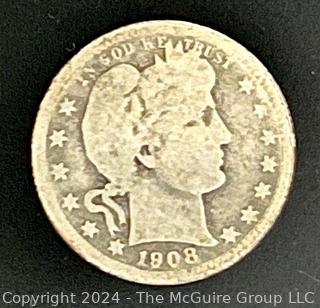 1908-D Barber 25C Silver Quarter Coin