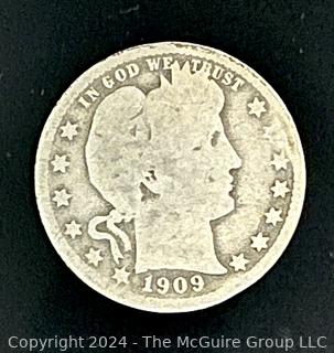 1909-D Barber 25C Silver Quarter Coin