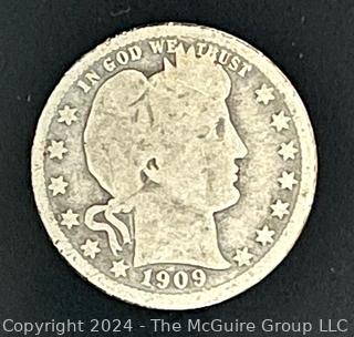 1909 P Barber Silver Quarter Dollar