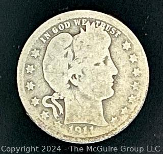 1911 Barber 25C Silver Quarter Coin