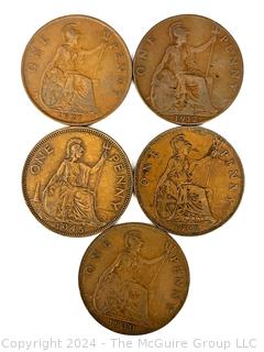 Five British One Penny Coins 1912, 1927, 1929, 1930, 1945