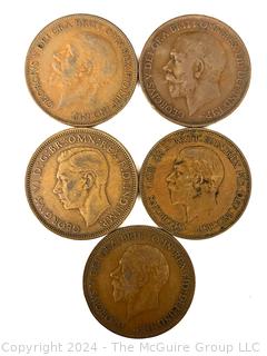 Five British One Penny Coins 1912, 1927, 1929, 1930, 1945