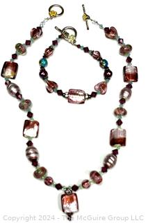 Set of Foil Lampwork Glass Bead Necklace and Bracelet 