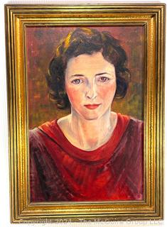 Framed Oil on Canvas Portrait of Woman in Red. 21" x 16"