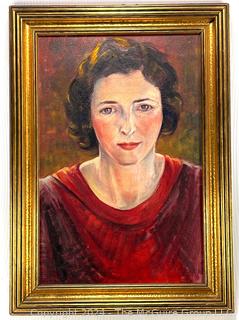 Framed Oil on Canvas Portrait of Woman in Red. 21" x 16"