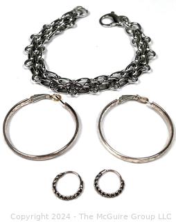 Two (2) Pairs Hoop Earrings and Link Bracelet. One Pair of Earrings Sterling Silver 