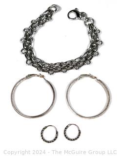 Two (2) Pairs Hoop Earrings and Link Bracelet. One Pair of Earrings Sterling Silver 