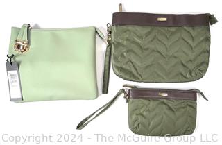 Three (3) New Green Clutch Style Handbags by Travelon and MC