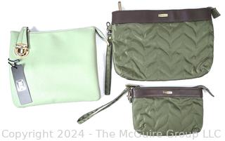 Three (3) New Green Clutch Style Handbags by Travelon and MC