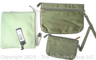 Three (3) New Green Clutch Style Handbags by Travelon and MC