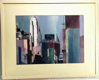 Framed Under Glass Watercolor Titled "Looking Uptown" Signed by Local Artist Marjean Willett 1991. 23 X 29"