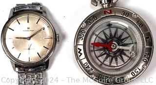 Hamilton Thin 19001-3 Wind Up 1970's Mens Wrist Watch and Contemporary Pocket Compass 