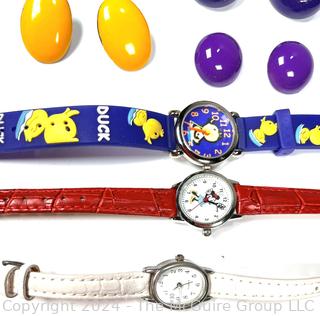 Big 80's Earrings and Watches Including Minnie Mouse