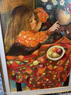 Large Framed Oil on Canvas of Girl with Fruit Bowl Signed by Artist Simone.  36" x 55". 