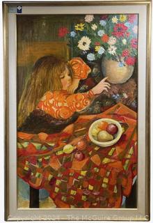 Large Framed Oil on Canvas of Girl with Fruit Bowl Signed by Artist Simone.  36" x 55". 