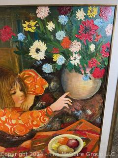 Large Framed Oil on Canvas of Girl with Fruit Bowl Signed by Artist Simone.  36" x 55". 