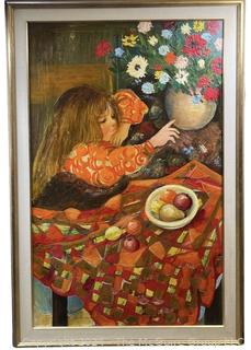 Large Framed Oil on Canvas of Girl with Fruit Bowl Signed by Artist Simone.  36" x 55". 