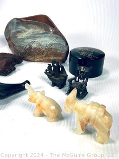 Decorative Items Including Carved Marble, Sail Boat, Tribal Vase, Etc