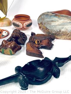 Decorative Items Including Carved Marble, Sail Boat, Tribal Vase, Etc