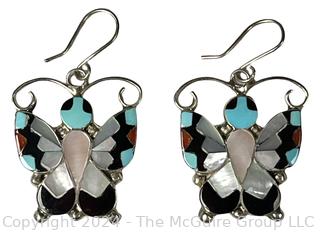 Native American Zuni Multicolor Inlaid Stones and Sterling Silver Butterfly Dangle Earrings Signed by Artist A. Dishta. 8.2g