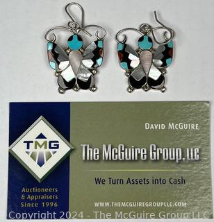 Native American Zuni Multicolor Inlaid Stones and Sterling Silver Butterfly Dangle Earrings Signed by Artist A. Dishta. 8.2g