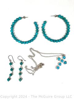 Blue Bead and Silver Earrings and Necklace