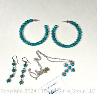 Blue Bead and Silver Earrings and Necklace