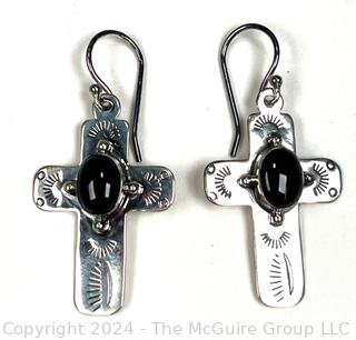 Pair of Sterling Silver Dangle Cross Earrings with Stone Center