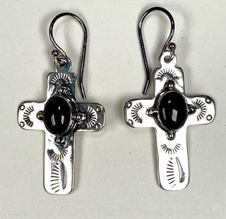 Pair of Sterling Silver Dangle Cross Earrings with Stone Center