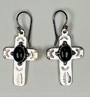 Pair of Sterling Silver Dangle Cross Earrings with Stone Center