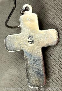 Pair of Sterling Silver Dangle Cross Earrings with Stone Center