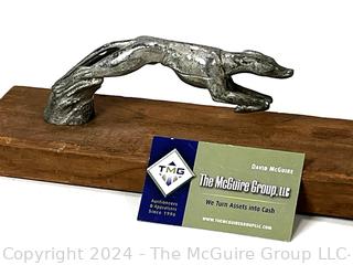 Whippet Greyhound Hood Ornament Mounted on Wood Base, Circa 1930