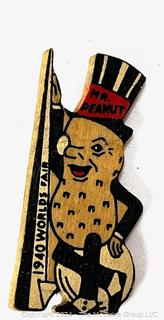 Two (2) Planters "Mr. Peanut" Promotional Items Including 1940's World's Fair Wooden Pin and 1950's Spreader