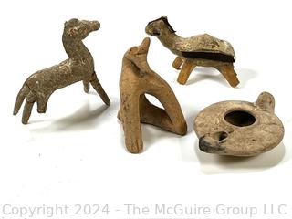 Clay Ancient Artifacts Including Oil Lamp and Animal Figurines