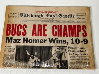 Pittsburg Post Gazette Reprint, Sun Telegraph October 14, 1960. Bucs are Champs of World Series Newspaper