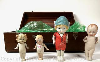 Wooden Box Full of Articulated Porcelain Dolls 