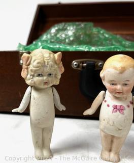 Wooden Box Full of Articulated Porcelain Dolls 