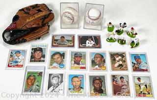 Baseball Items, Including Gloves, Signed Baseballs and Trading Cards from the 1960s Featuring Houk, Killebrew, Roseboro, Etc.